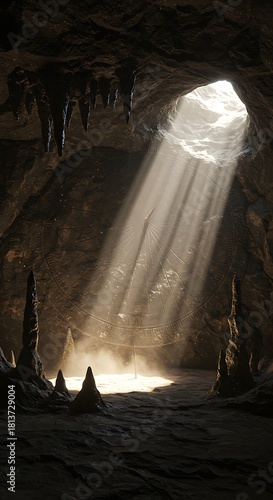 Sunlight beams through cave opening illuminating the interior landscape details