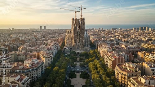 Sagrada Familia cathedral in Barcelona, Spain, seen from above at sunset.