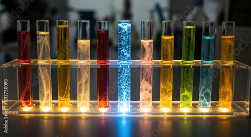 Clinical lab experiment with glowing test tubes for nutrition research. science background showing chemical reactions in glassware for medical discovery in modern laboratory