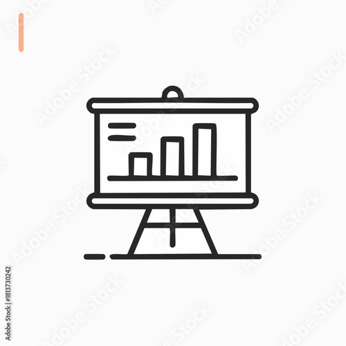 Line art icon of a presentation board with a bar graph and horizontal lines on a white background with a subtle shadow