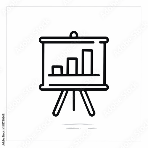 Line art icon of a presentation board with a bar graph on a tripod easel with a subtle shadow on a light gray background