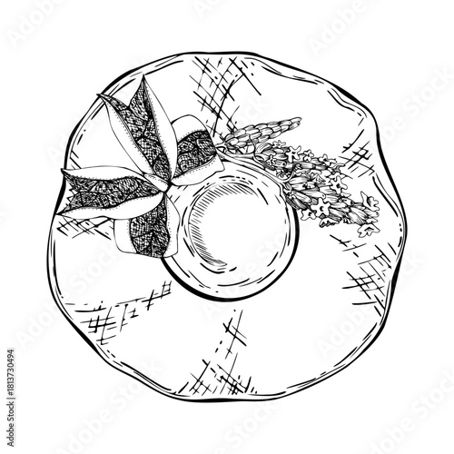 Straw sun hat, wide brims with lavender lavandula flower stems and dotted ribbon bow. Isolated illustration hand drawn in vector ink. Natural bouquet gift, wedding invitation, eco product design