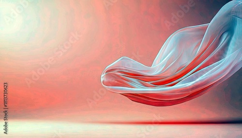 A piece of flowing fabric, predominantly white with red undertones, drifts gracefully against a softly lit, textured background.