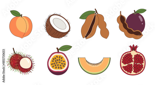Assortment of vibrant tropical fruits isolated on white background