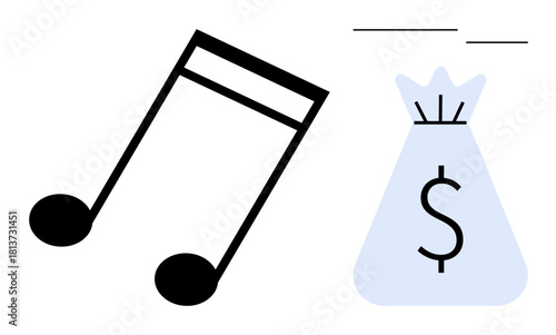 Black music notes and a blue money bag with a dollar sign illustrating a connection between music and financial success. Ideal for themes thumbs up music royalty, entertainment economy, earnings