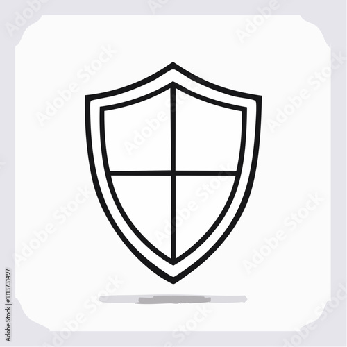 Hand-drawn style black outline shield icon with four quadrants and a shadow on white sketch doodle