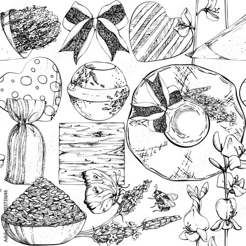 Straw sunhat, lavender flowers seeds bouquet, rustic striped and dotted heart shapes, fabric pieces in patchwork style seamless pattern. Hand drawn in vector ink, isolated. Floral farm label, spa gift