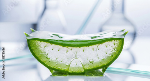 Fresh green aloe vera slice in clean clinical lab setting for nutrition research. Scientific analysis of natural skincare ingredient with glassware in bright modern laboratory