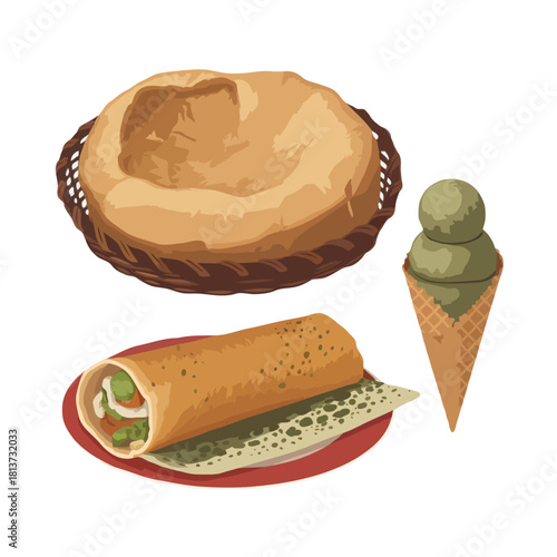 A delicious assortment of indian cuisine including a basket of bread a savory dosa on a plate and a green ice cream cone isolated on white background