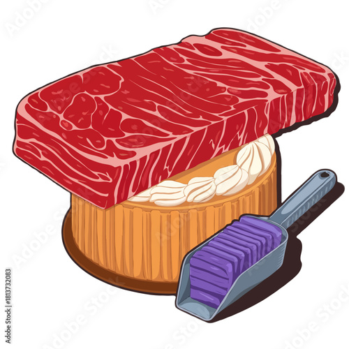 A raw marbled beef steak resting on a wooden barrel with a scoop of purple seasoning isolated on white background