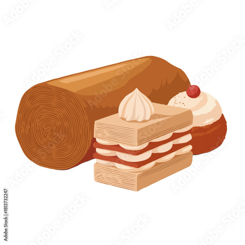 A delicious assortment of sweet baked goods including a swiss roll cake a layered cake slice and a frosted cupcake isolated on white background
