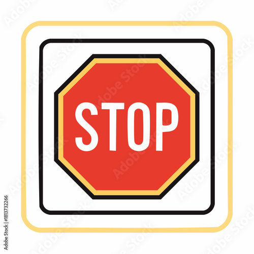 Red octagonal stop sign with white text inside a square and yellow border traffic sign