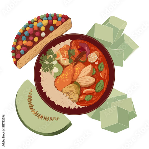 A colorful and delicious assortment of food including a spicy shrimp and chicken stew with rice a slice of cantaloupe melon and green jelly cubes isolated on white background