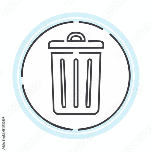 Line Art Trash Can Icon Inside a Circular Frame with Light Blue Accents on a White Background garbage
