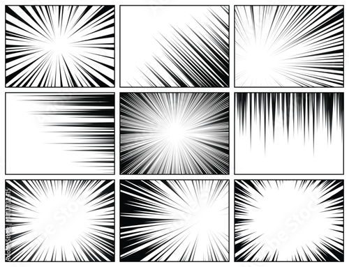 Geometric patterns of radiating and parallel black lines, creating optical illusions of speed and energy across nine distinct panels
