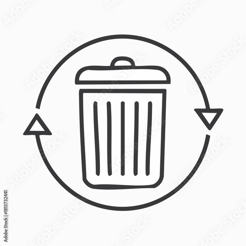 Line Art Trash Can Icon Surrounded by a Circular Arrow Symbol on a White Background garbage waste