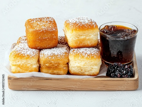 A close-up shot of golden brown beignets dusted with powdered sugar, accompanied by a glass of dark soda with ice and a small pile of dark berries.