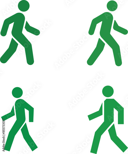 Set of Four Green Walking Pedestrian Man Icon Vector Illustrations for Traffic Signal and Public Signage