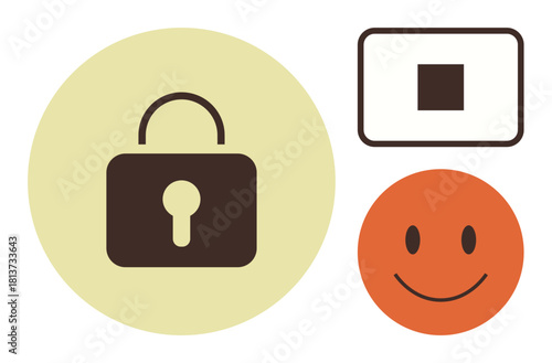 Padlock, happy face, and stop symbol emphasizing security, protection, positivity, and control. Ideal for technology, safety access optimism privacy boundaries and decision-making themes. Simple