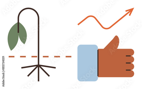 Withering plant developing deep roots beside thumbs-up and rising arrow. Ideal for growth, transformation, success, improvement, strategy, progress, optimism. Simple flat metaphor