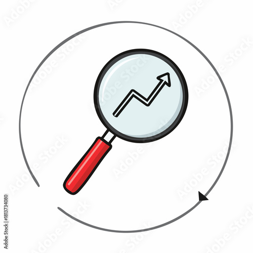 Magnifying glass with upward trending graph inside a circular arrow on white background chart