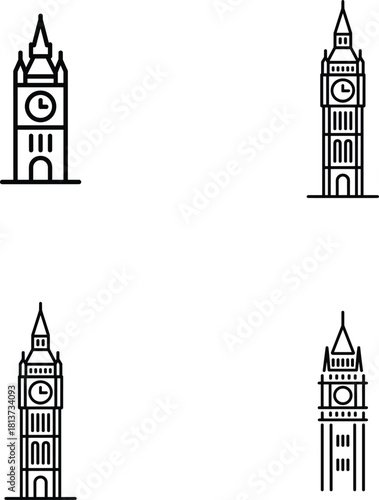 Set of Four Outline Icons of the Elizabeth Tower (Big Ben): London Landmark Line Art Symbol and Minimalist Travel Vector Collection