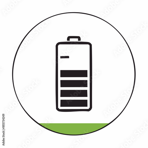 Battery charge icon within a circle with a green segment at the bottom on a white background power energy