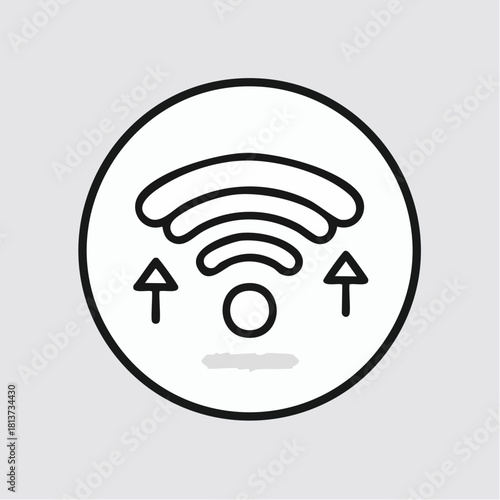 Outline Wi- Fi Symbol with Upward Arrows Inside a Circle on Gray Background Keywords: wifi, signal, internet, network, connection, wireless, technology, symbol, icon, circle, outline, arrows