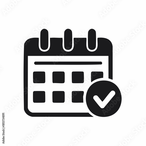 Black Calendar Grid Icon with Check Mark in Circle on White Background symbol tick