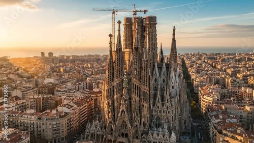 Sagrada Familia at sunset in Barcelona, Spain.