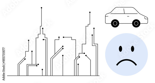 Smart city concept. Digital connections transforming urban buildings. Smart city innovations linked to transportation challenges. Smart city ideas for technology, transportation, urban development