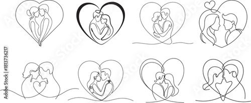 A continuous-line drawing illustration of a couple facing each other inside a heart shape, vector art.