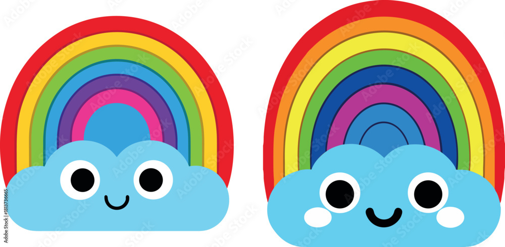 Fototapeta premium colorful rainbow cartoon, happy cloud vector, cute weather clipart, kawaii rainbow art, children sky design, adorable cloud illustration, nature rainbow artwork, rainbow color svg, cheerful sky drawin