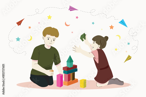 Simple vector illustration of kids playing together. Brother and sister playing cube stackers. Girl dan boy plays together.