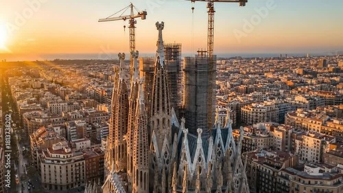 Sagrada Familia under construction in Barcelona at sunset.