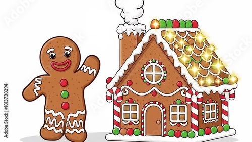 Gingerbread man and house illustration with candy cane trim and lights.