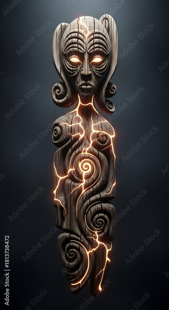 Fototapeta premium Detailed wooden carved totem with glowing orange cracks and luminous eyes on a dark background