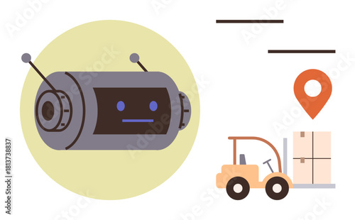 Robotics and forklift moving packages near location marker for technology, logistics, automation. Ideal for supply chain, innovation, efficiency, warehouse, delivery, tech evolution simple flat