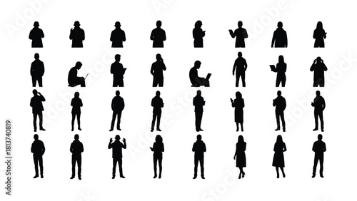 Diverse People Silhouettes Set Using Technology and Standing Poses Vector Illustration