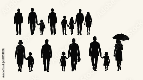 Diverse Set of People Silhouettes Walking - Includes Families, Children, and Adults. Vector Illustration Design Elements