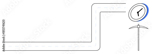 Road bending towards a clock and a pickaxe symbolizing time management, effort, and progress. Ideal for productivity, scheduling, hard work, efficiency, goal setting perseverance. Minimal flat