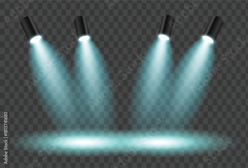 Four bright blue spotlights illuminating a stage or area with visible light beams against a transparent background for event lighting design