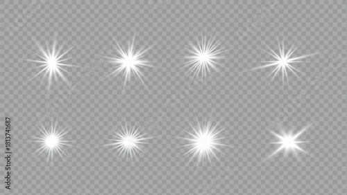 Bright White Stars Glow Light Effect – Transparent Glittering Sparkle, Shiny Lens Flare, Sun Flash, Sparks and Star Shape Special Effect Illustration