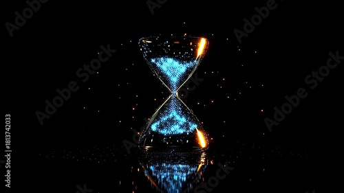 Hourglass With Blue Particles And Orange Light On A Reflective Surface In A Neutral Space