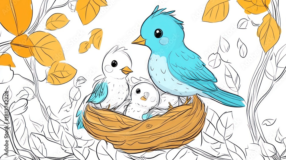 Fototapeta premium Cute birds in nest, autumn leaves background, children's coloring book, printable image