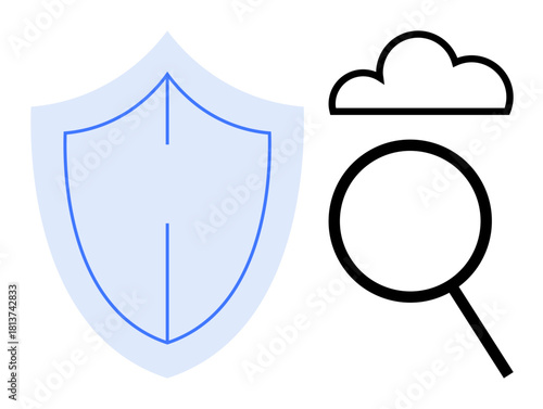 Shield, cloud, magnifying glass symbolizing protection, data analysis, cybersecurity. Ideal for technology, cloud computing, network security, data privacy online protection information safety