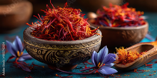 Hyper-realistic animation of saffron threads heaped in ornate bowl with flowers