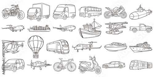 Transportation Line Art Set, Vehicles, Aircraft, Ships & Bikes Outline Icons