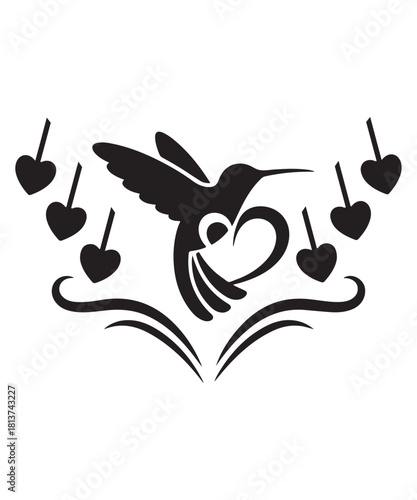 Romantic Hummingbird Heart Silhouette Valentine Day Design.