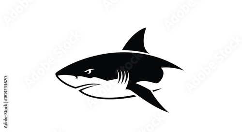 A powerful black shark illustrated in a clean, graphic style, isolated on a white background.
